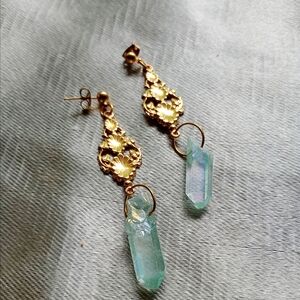 Iridescent Quartz Crystal Gold Plated Drop/Dangle Earrings  Artisan Made